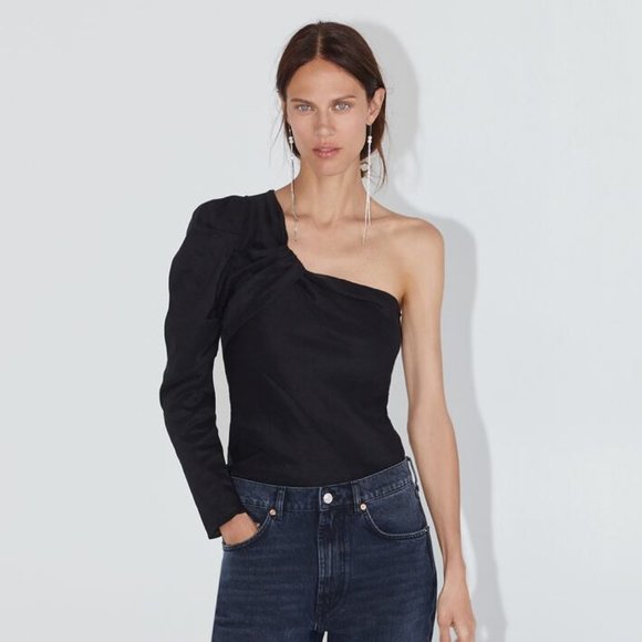 NWT Zara Asymmetric One Shoulder Puff Sleeve Top Blogger Favorite - Picture 2 of 4